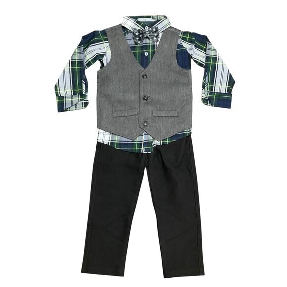Boy’s Toddler Plaid Shirt with Gray Vest and Black Pants Set Size 3T NWT - Picture 1 of 6
